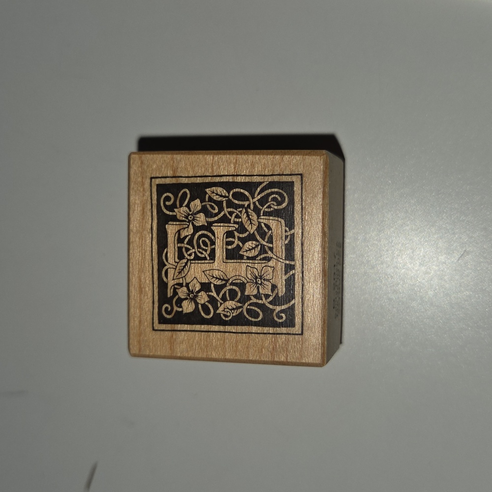 E Monogram rubber stamp with floral vine